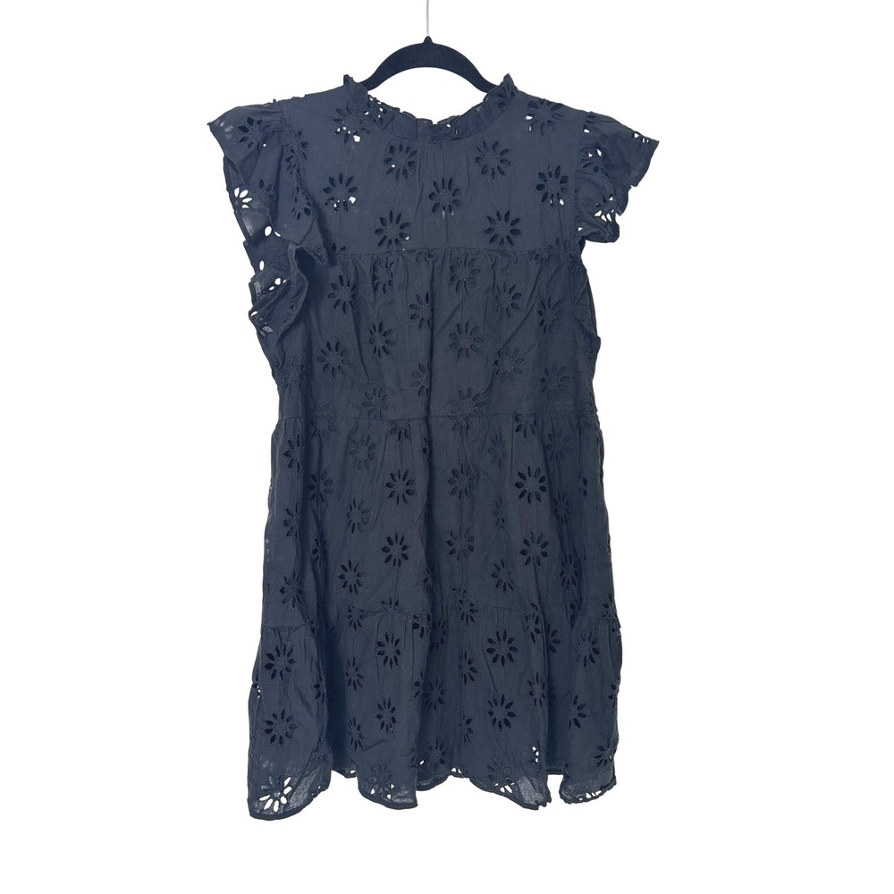 Aura Dress Women M Black Eyelet Tiered Flutter Sleeve Mini Boho coastal LBD